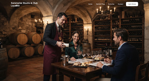Cava subterránea con barricas de roble y un sommelier sirviendo un vino de guarda durante una cena de degustación.